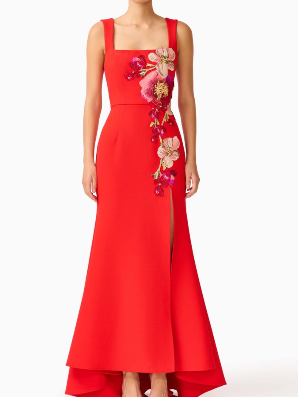 Elliatt Fleurisca Embroidered Red Gown Scarlet Red Floral Maxi Dress - SMALL